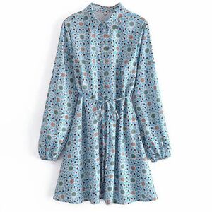 Blue Multi Print Collared Tie Waist Dress